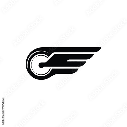 Abstract winged wheel icon with white background black and white graphic