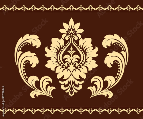 Damask graphic ornament. Floral design element. Golden and brown vector pattern