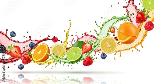 Fresh Fruit Splash Colorful Juice Background.