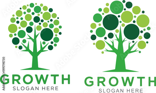 Abstract green tree logo with circle leaves, growth concept vector icons for business branding, eco-friendly nature symbols for environmental sustainability