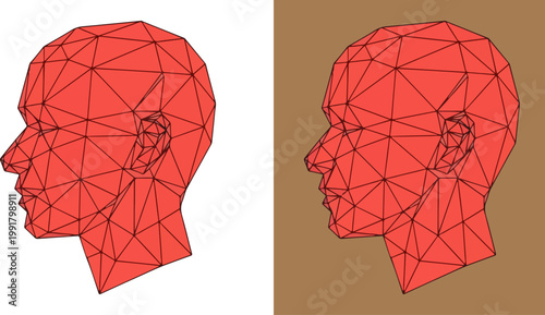 Low poly human head profile vector, red geometric wireframe face illustration, polygonal 3D model of male head for technology and AI concepts