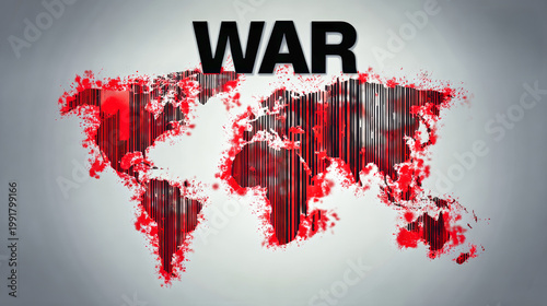 A world map in red and black features the word War prominently. A barcode pattern hints at global commerce, highlighting themes of conflict and design