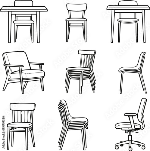 Create a realistic Vector set of chairs in elevation view for use in architectural drawings -2D vector art with white background..