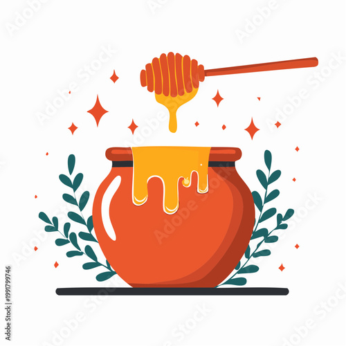 Honey pot with dripping honey and dipper