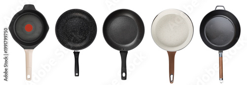 Set of various non-stick frying pans isolated on white background, top view