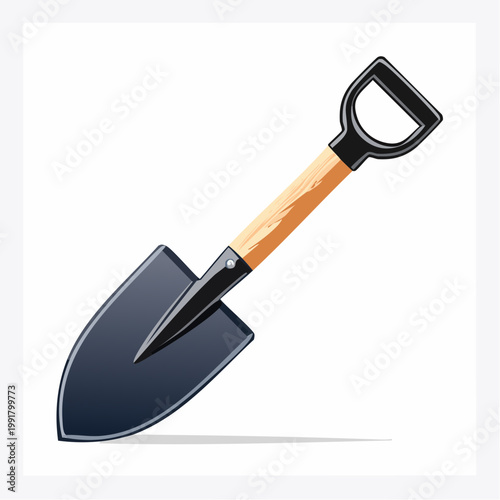 Illustration of a shovel with a wooden handle and D-grip
