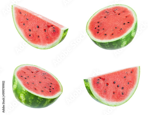 Watermelon slices isolated on white background, fresh juicy watermelon set
