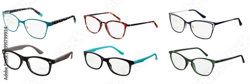 Eyeglasses frames set isolated on white background, collection of stylish optical glasses