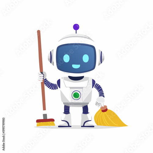 Cartoon robot holding a broom and dustpan