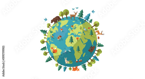 A stylized globe is densely populated by diverse wildlife including a brown bear deer fox and rabbit among various green trees on a white background.