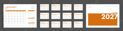 Set 12 Pages Monthly Calendar Planner Templates 2027 year, Cover with Place for Photo and Company Logo. Vector layout wall, desk calendar grid for print. Week start Monday. Page mockup size A4