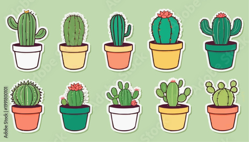 Set of cartoon cactus vector in pot, sticker with outline element.



