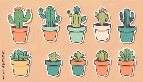 Set of cartoon cactus vector in pot, sticker with outline element.



