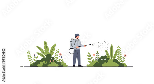 A worker in a grey uniform and cap uses a backpack sprayer to apply treatment to a row of green bushes against a minimalist white background space.