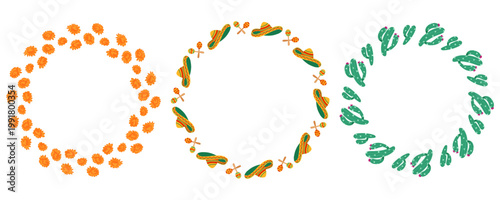 Mexican circular frames set with traditional elements. Sombrero, maracas, cactus, marigold flower fiesta border. Round template with copy space for invitations, posters, Cinco de Mayo designs