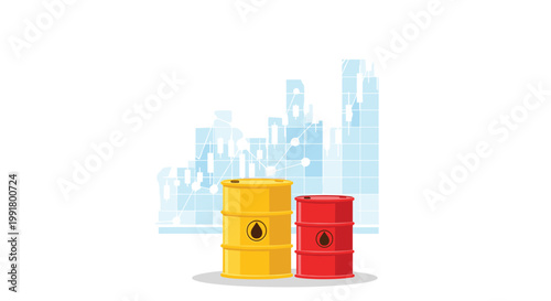 A vibrant yellow oil drum and a red barrel are positioned in front of a luminous blue digital candlestick chart showing market volatility and trends.