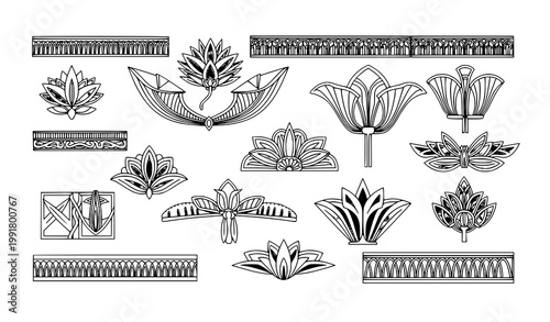 Egyptian Floral Motif Ornament Set with Ancient Decorative Lotus Patterns