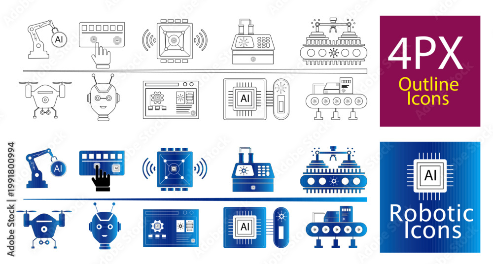 Fototapeta premium AI Robotics and Industrial Automation Vector Icon Pack – Robot Arm, Drone, Microchip, Smart Factory 4PX Outline and Gradient Set 