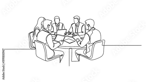 Continuous line drawing of a business meeting with a group of professionals sitting around a table.