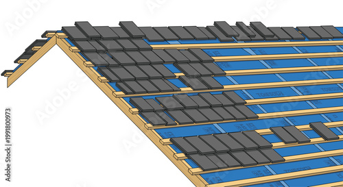 Meticulous installation of dark grey slate shingles proceeds across a bright blue waterproof underlayment supported by horizontal wooden battens on a residential roof.