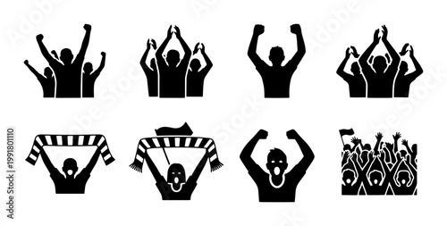 Cheering fans silhouette icons, sports crowd celebrating with scarves and raised hands, 8 vector audience elements for stadium and concert events