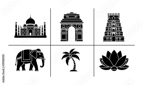 Indian culture icon set with 6 black silhouettes, traditional landmark monuments and national symbols, travel and tourism vector graphics