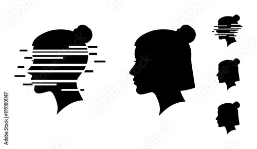 Glitch effect woman head silhouette vector set, digital distortion female profile icons, abstract facial recognition and identity privacy concept