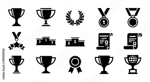 Award and trophy icon set, black silhouette winner medals and competition prizes, 15 vector elements for sports achievement and business success