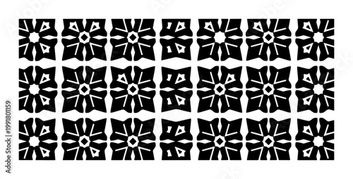 Geometric floral pattern vector, black and white ornamental tile design, decorative symmetrical motif border for textile and wallpaper prints