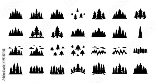 Minimalist forest silhouette icons, black pine tree vector set of 28 elements, coniferous woodland landscape symbols for outdoor branding and logos