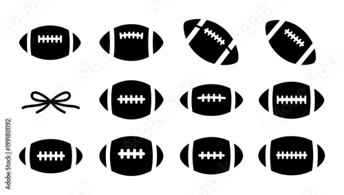 American football vector icons set, black silhouette sports ball collection, minimalist rugby ball graphics for game day and athletic branding