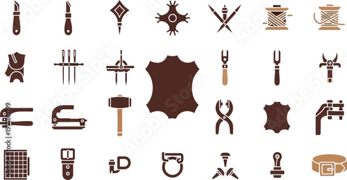 Collection of traditional leatherworking and metalworking tools and materials Vector