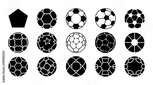 Soccer ball icon set, 15 black and white football vector elements, minimalist athletic equipment symbols for sports branding and tournament apps