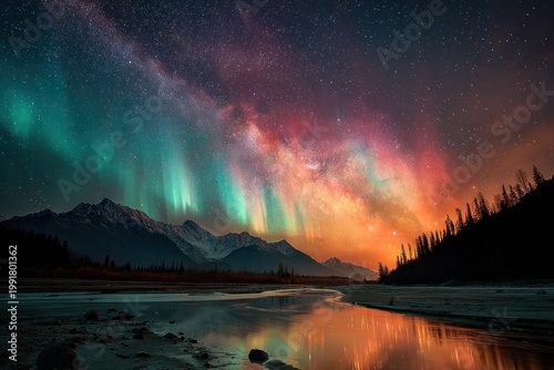 Aurora borealis dancing over snow-capped mountains and frozen lake
