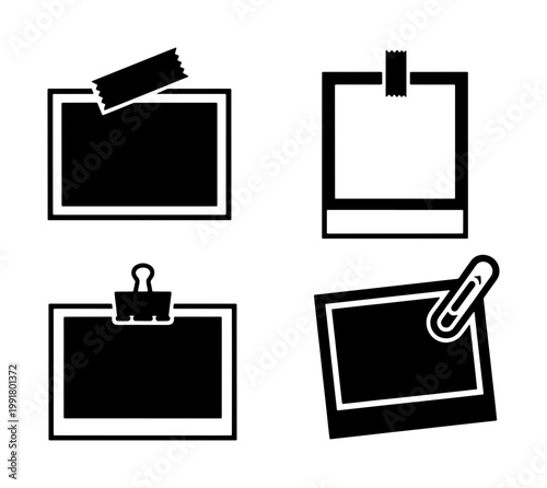 Minimalist photo frame icons set, black instant film borders with tape and paper clip, 4 vector picture frames for scrapbooking and moodboards