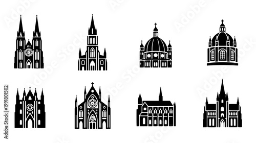 Gothic church silhouette icons, set of 8 cathedral vector symbols, black religious building landmarks, medieval architecture facade illustrations