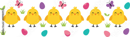 Vector Set of Cute Yellow Chicks with Butterflies, Grass, and Easter Eggs for Spring, Easter, and Seasonal Designs