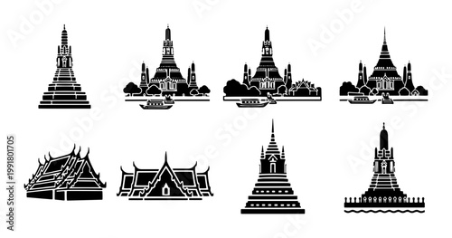 Traditional Thai temple silhouettes, set of 8 black Buddhist pagoda icons, oriental landmark architecture vector illustrations for travel design