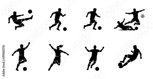 Soccer player silhouettes set, 8 football athlete vector icons, black sport figures kicking and dribbling ball, professional soccer match action poses