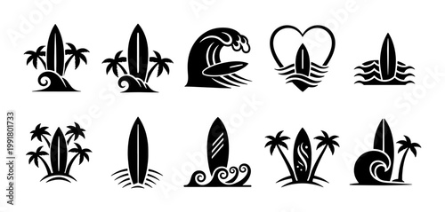Surfing icons set with surfboards and palm trees, black vector silhouettes of ocean waves and beach elements, 10 surf sports logos for summer branding