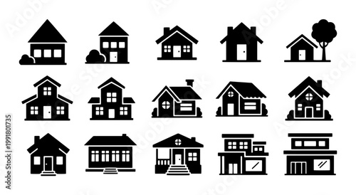 Minimalist house icon set, black silhouette home symbols collection, 15 residential building vector illustrations for real estate and architecture maps