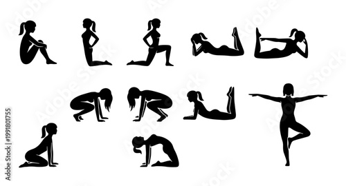 Yoga silhouettes collection, 11 female fitness poses vector set, black woman workout icons, pilates and stretching exercise positions