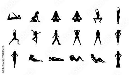 Yoga silhouette collection featuring 18 female poses, black woman fitness icons set, wellness and meditation vector elements for health branding