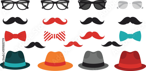 Vector Set of Fashion Accessories Including Glasses, Mustaches, Bows, and Hats for Stylish, Fun, and Party Designs