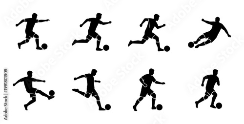 Soccer player silhouettes set of 8 vector icons, football athletes running and kicking ball, black sports figures for competition and team branding