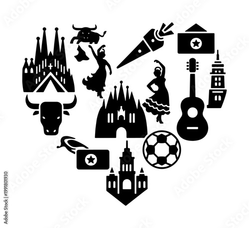 Spanish culture heart silhouette vector, Spain travel icons with flamenco dancer and bull, Barcelona architecture and soccer ball symbols