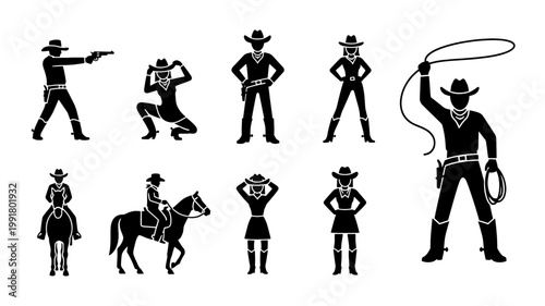 Wild West cowboy silhouettes set, black western outlaw and cowgirl vector icons, horse rider and gunslinger character collection for ranch branding