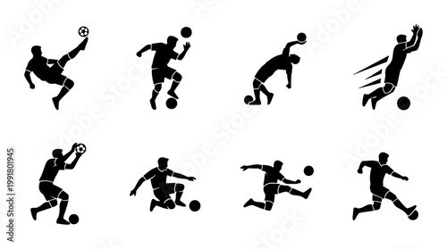 Soccer player silhouettes set of 8 vector icons. Football athlete action poses including kicking, jumping, and goalkeeping. Black sports figures for competition design.
