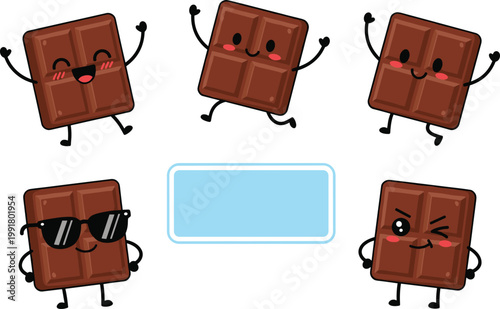 Vector Set of Cute Chocolate Bar Characters with Different Expressions and Accessories for Fun, Food, and Kawaii Designs