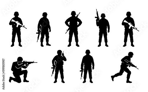 Military soldier silhouettes set, armed infantry troops in tactical poses, 9 black vector army figures with rifles and gear for war and defense design